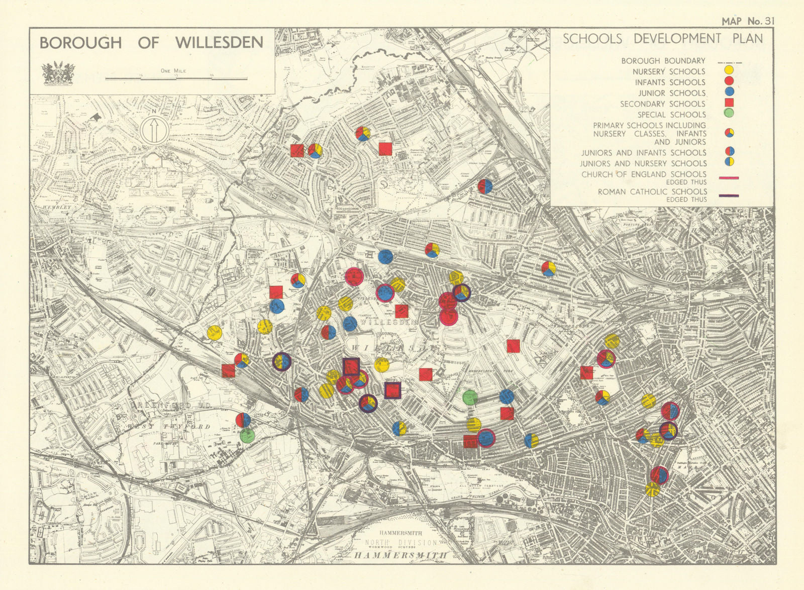 Willesden Borough. Schools development plan. Kensal Kilburn Neasden 1950 map